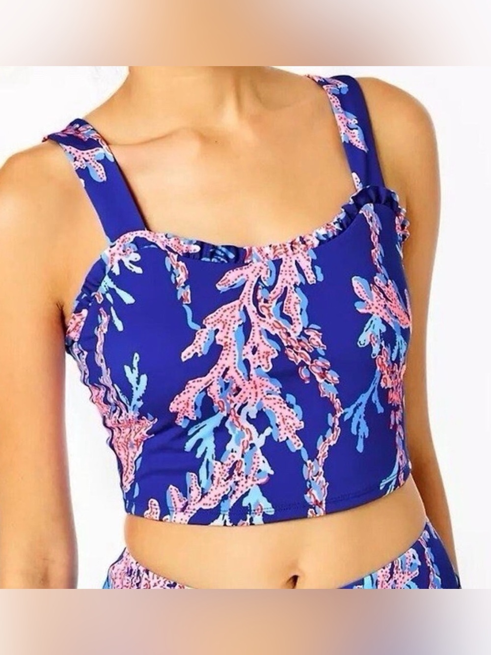 Lilly Pulitzer Luxletic Zahara Sports Bra XS Blue Pink Coral UPF 50+ Ruffle Acti